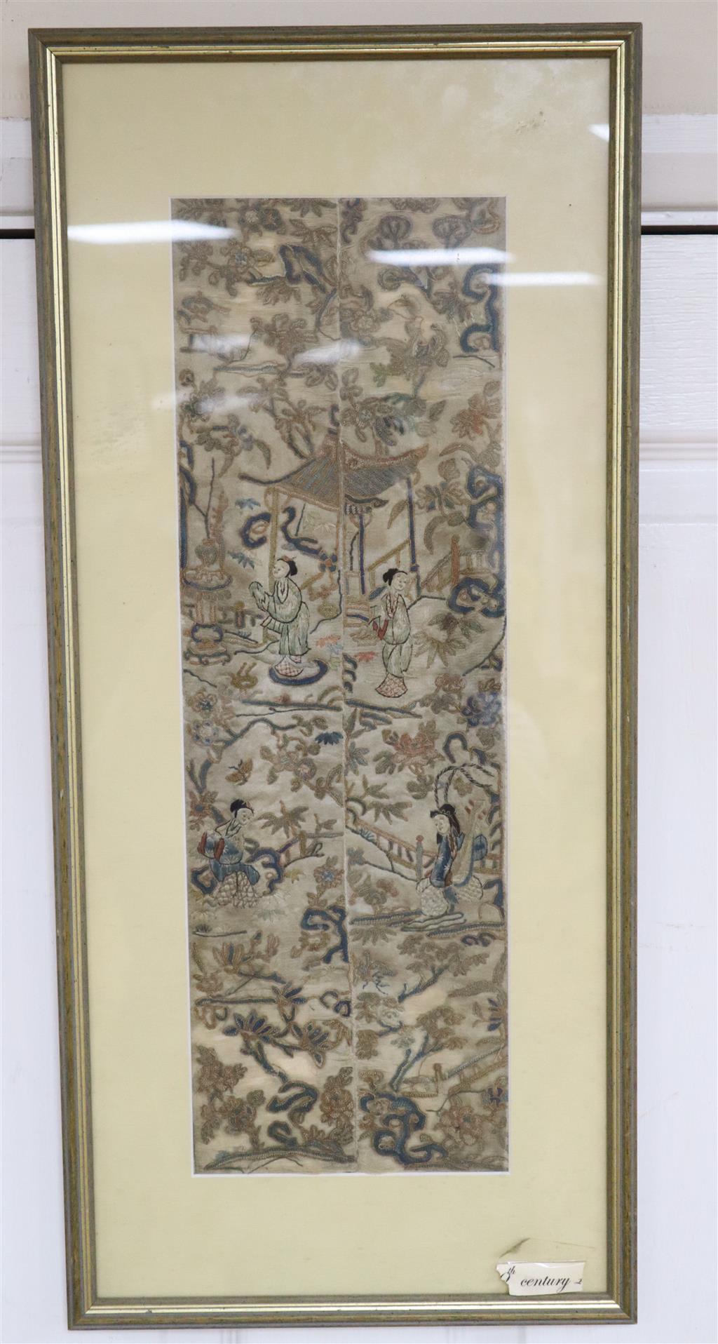 A Chinese embroidered sleeve, 15 x 47cm, framed